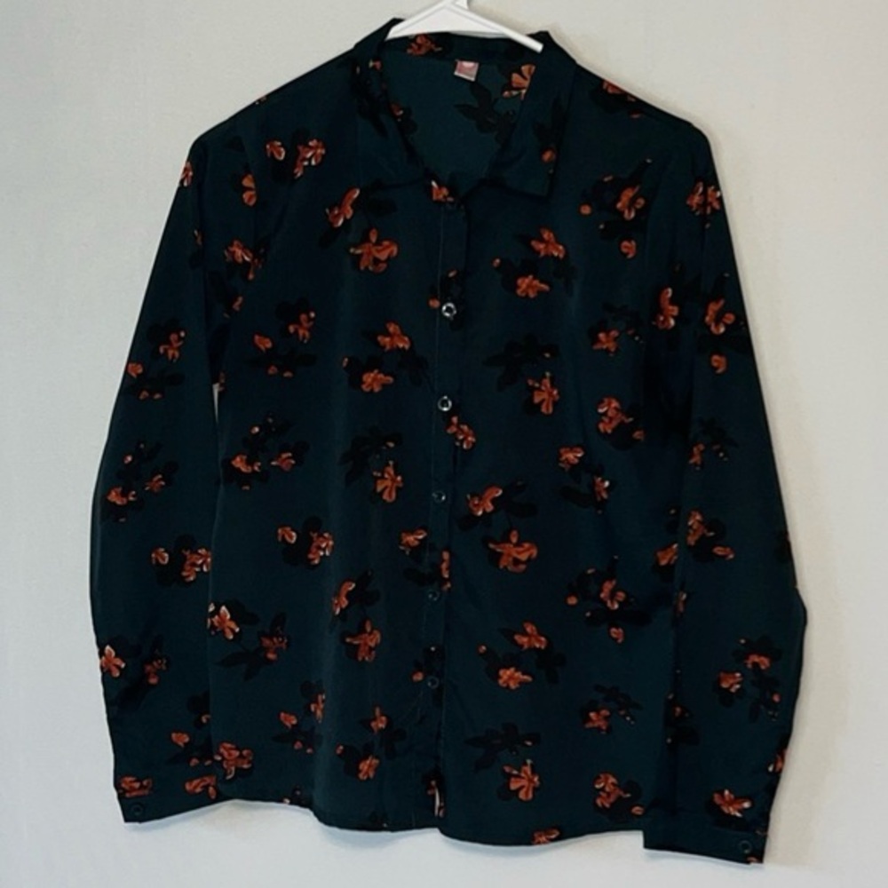 Green Floral Retro Polyester Button Down Blouse Size See Photos.